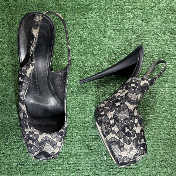 Giuseppe Zanotti Black Cream Lace Peep Toe Slingback Platform High Heels 38.5 - Picture 8 of 9